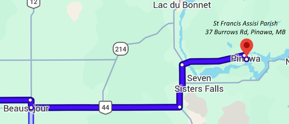 Route map showing the way to St Francis of Assisi Parish in Pinawa, Manitoba, via Highway 44 through Seven Sisters Falls